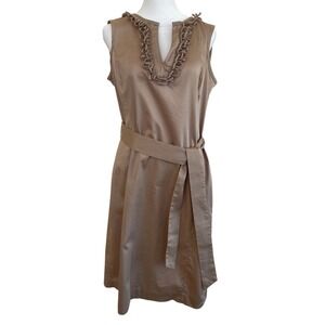Talbots Petites Tan Khaki Ruffle Neck Sleeveless Belted Sheath Dress 10P
